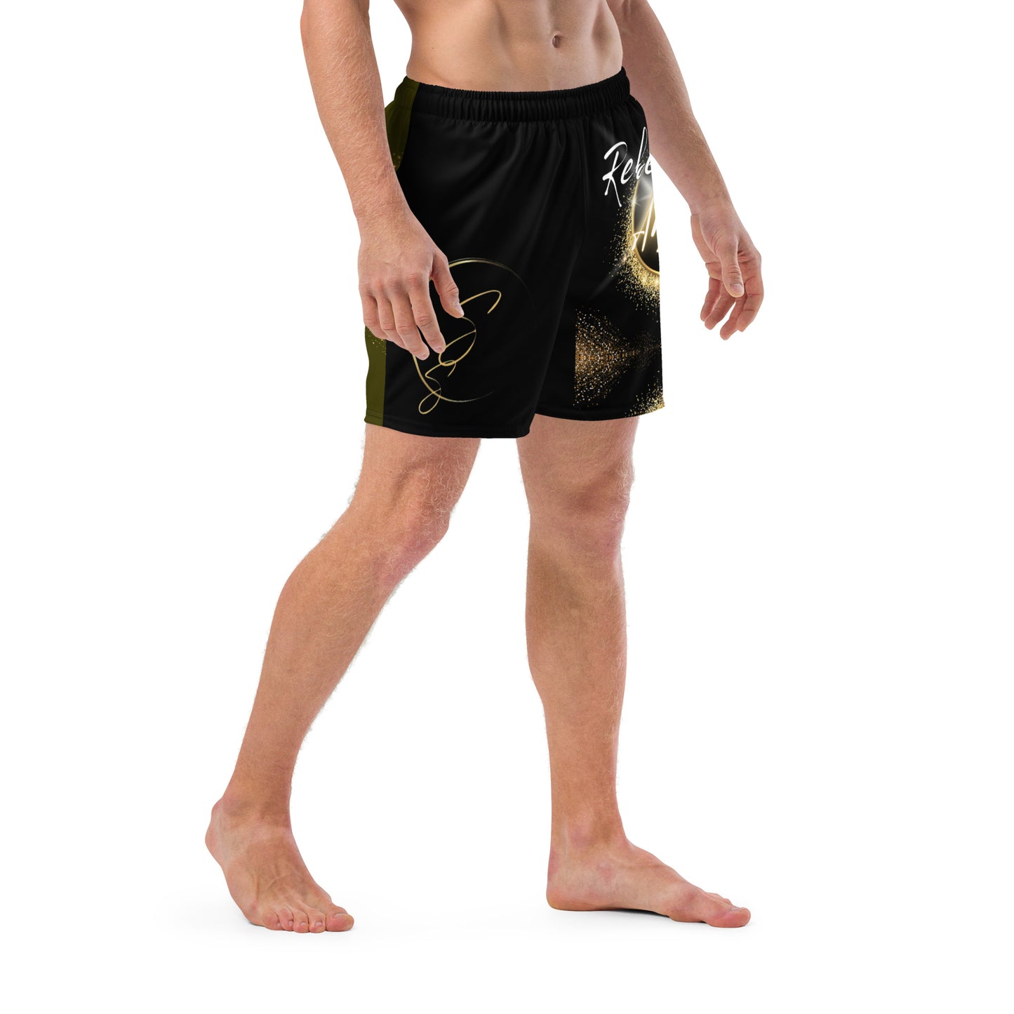 Two-Tone Karaka/Black Rebel Artist Swim Trunks - Army green and black swim trunks representing the duality of the warrior rebel artist.