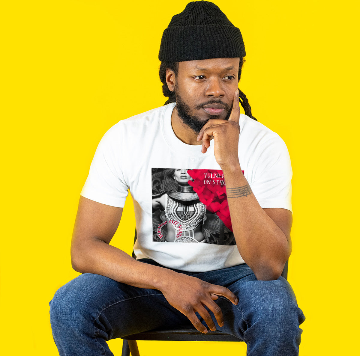 A bold and stylish Unisex Artist Vulnerable Warrior T-Shirt in Classic design, specifically crafted for Black Female Artists (BFA). The shirt features empowering graphics, celebrating authenticity on stage and fierce warrior strength off stage. Perfect for making a statement in the world of art and beyond.