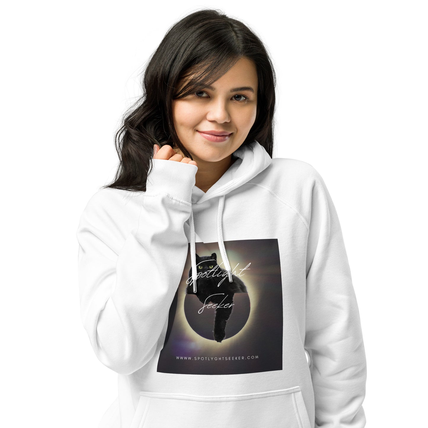 Image of the Cat Call Unisex Fitted Eco Hoodie showcasing the 'Coolio' design. A fashionable hoodie featuring a unique cat-themed illustration, perfect for those who love both cats and art. Crafted from eco-friendly materials.