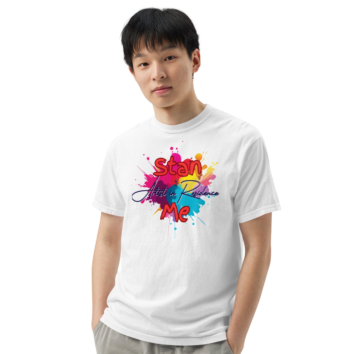 “Stan Me, Artist in Residence” tees featuring paint splatter designs, blending artistic creativity with stan culture. Available in 8 unique styles. Perfect for artists looking to attract fans and gigs.