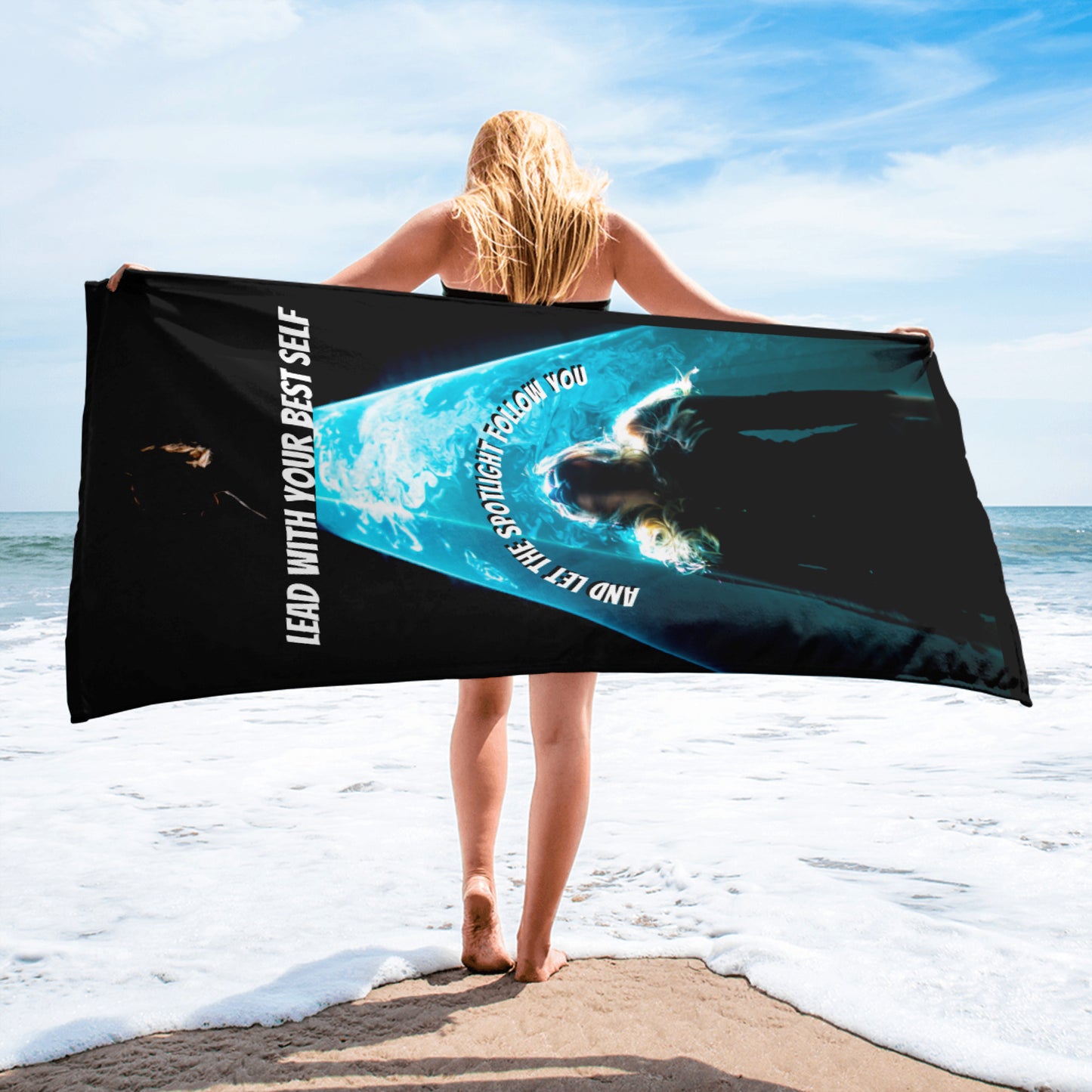Artists, it’s not enough to want it; you have to be it. Set your trajectory towards the spotlight in SpotlYght Seeker’s Aqua SpotlYght Beach Towel - Dress where you want to be SpotlYght Seeker.