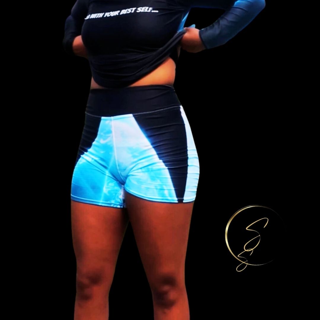 See yourself in the Spotlight in these LBS Aqua Spotlight Yoga Shorts for the Female Artist.