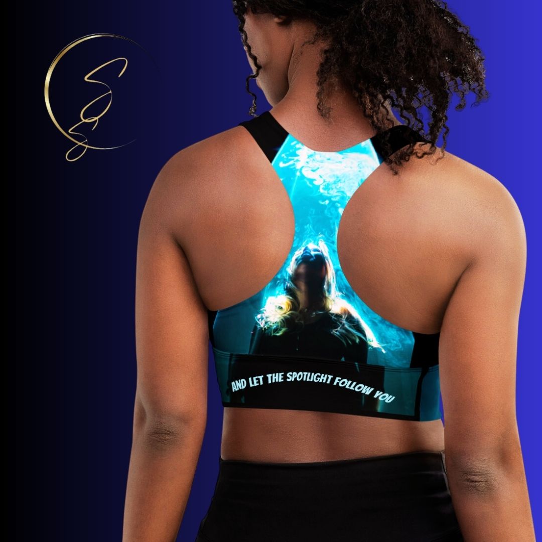 Artists, it’s not enough to want it; you have to be it.  Set your trajectory towards the spotlight in SpotlYght Seeker’s Aqua SpotlYght Sports Bra - Dress where you want to be SpotlYght Seeker.