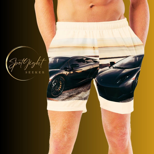 Male artist confidently stands out in vibrant race car swim trunks from SpotlYght Seeker, symbolizing success and creative expression. Skrrt your way to style and savings!