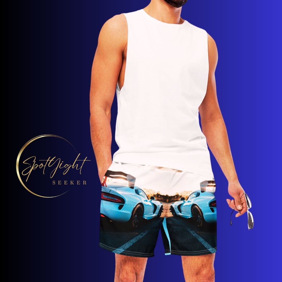 Male artist confidently stands out in vibrant race car swim trunks from SpotlYght Seeker, symbolizing success and creative expression. Skrrt your way to style and savings!