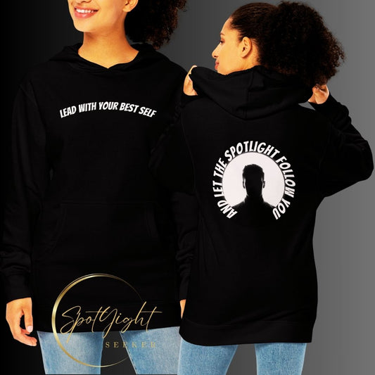  SpotlYght Seeker LBS Unisex Mid-Weight Hoodie in White – Stride confidently and express your artistic spirit with this Motivate-Merch essential. Black hoodie