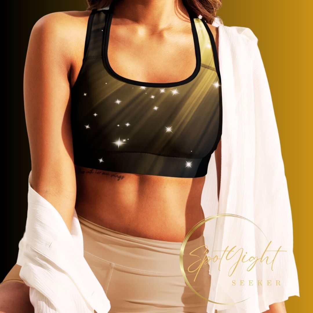 Female artist shine bright rocking your Gold Spotlyght Padded Sports Bra