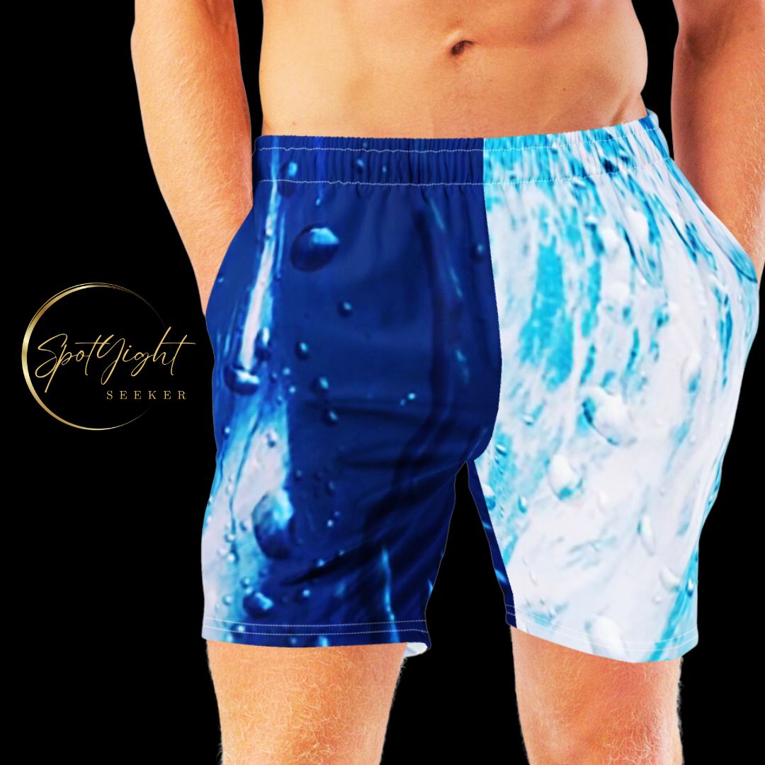 Dedicated artists wearing vibrant Ride the Wave Swim Trunks, embodying the artistic journey's highs and lows with the passion that drives their creativity. Embrace the ups and downs with SpotlYght Seeker's inspirational blend of style and support at the beach.