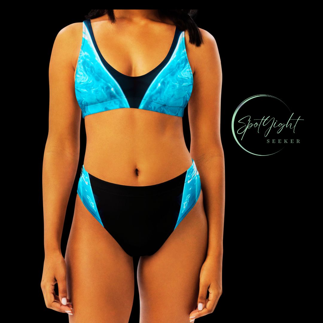 Aqua V SpotlYght High-Waisted Bikini - Triumph in the spotlight with confidence and creativity. Embrace victory and radiate aqua brilliance in this empowering masterpiece.