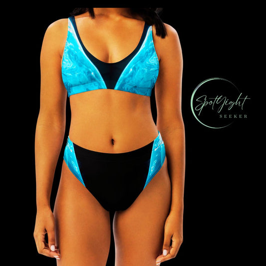 Aqua V SpotlYght High-Waisted Bikini - Triumph in the spotlight with confidence and creativity. Embrace victory and radiate aqua brilliance in this empowering masterpiece.