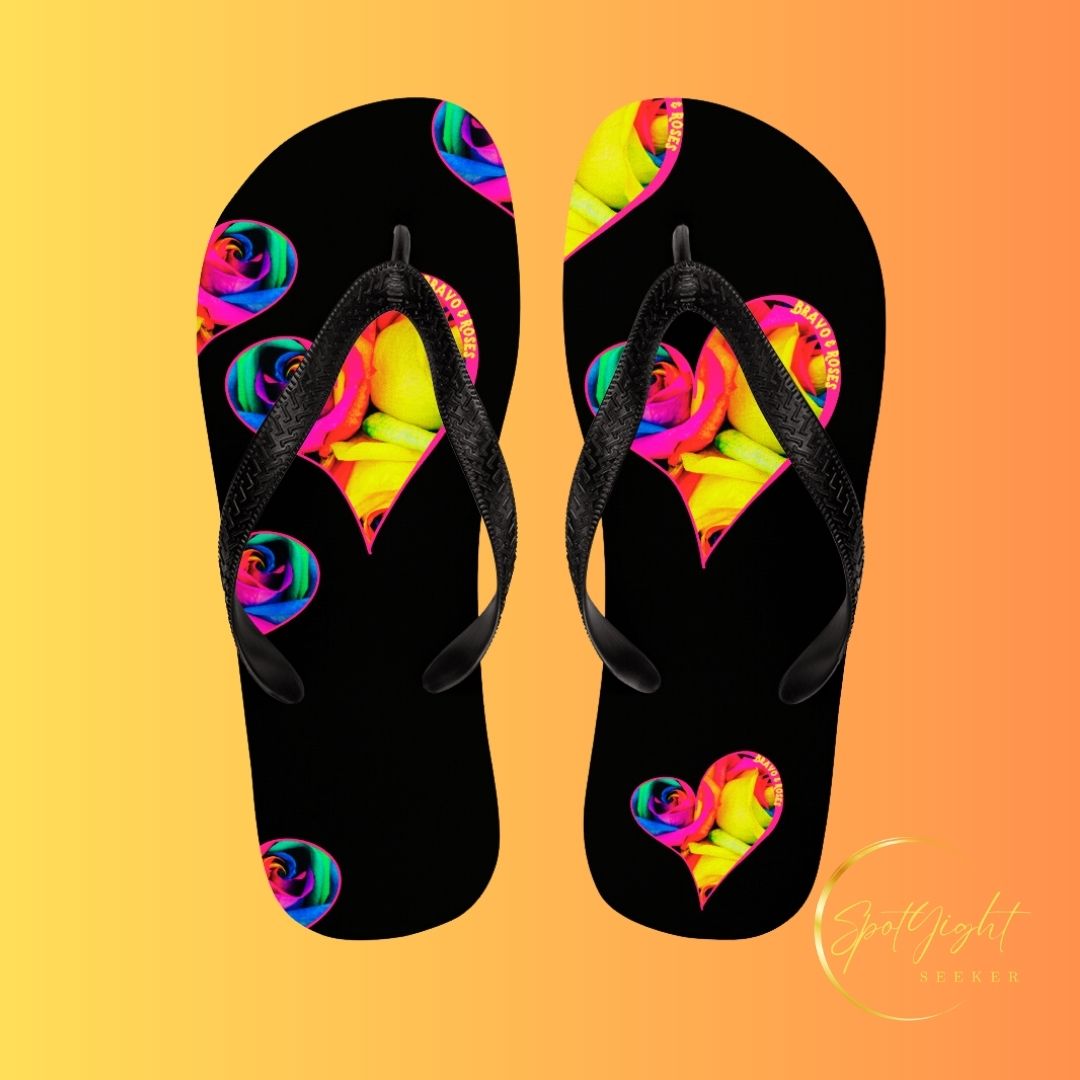 🌟 Elevate your style with Bravo & Roses Signature flip flops! 🌹✨  🎨 Calling all Spotlyght Seekers and Art Enthusiasts! 🎨 These flip flops are more than just footwear – they're a celebration of art and creativity! 🎉 Embrace your artistic spirit with every step you take.