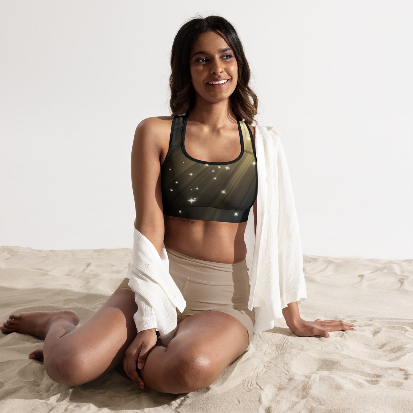 Ready to shine? Embrace the artistry within you with the Gold Spotlyght Padded Sports Bra. 🌟