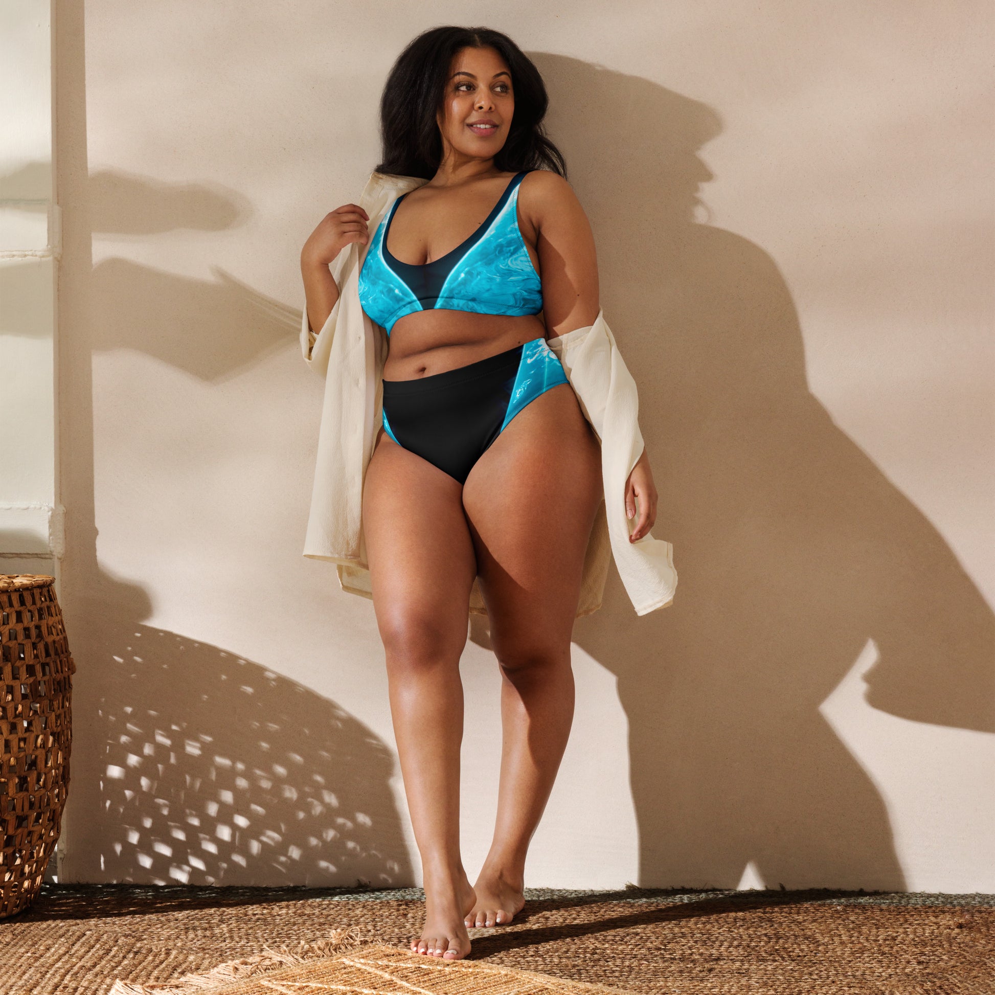 Aqua V SpotlYght High-Waisted Bikini - Triumph in the spotlight with confidence and creativity. Embrace victory and radiate aqua brilliance in this empowering masterpiece. Plus size