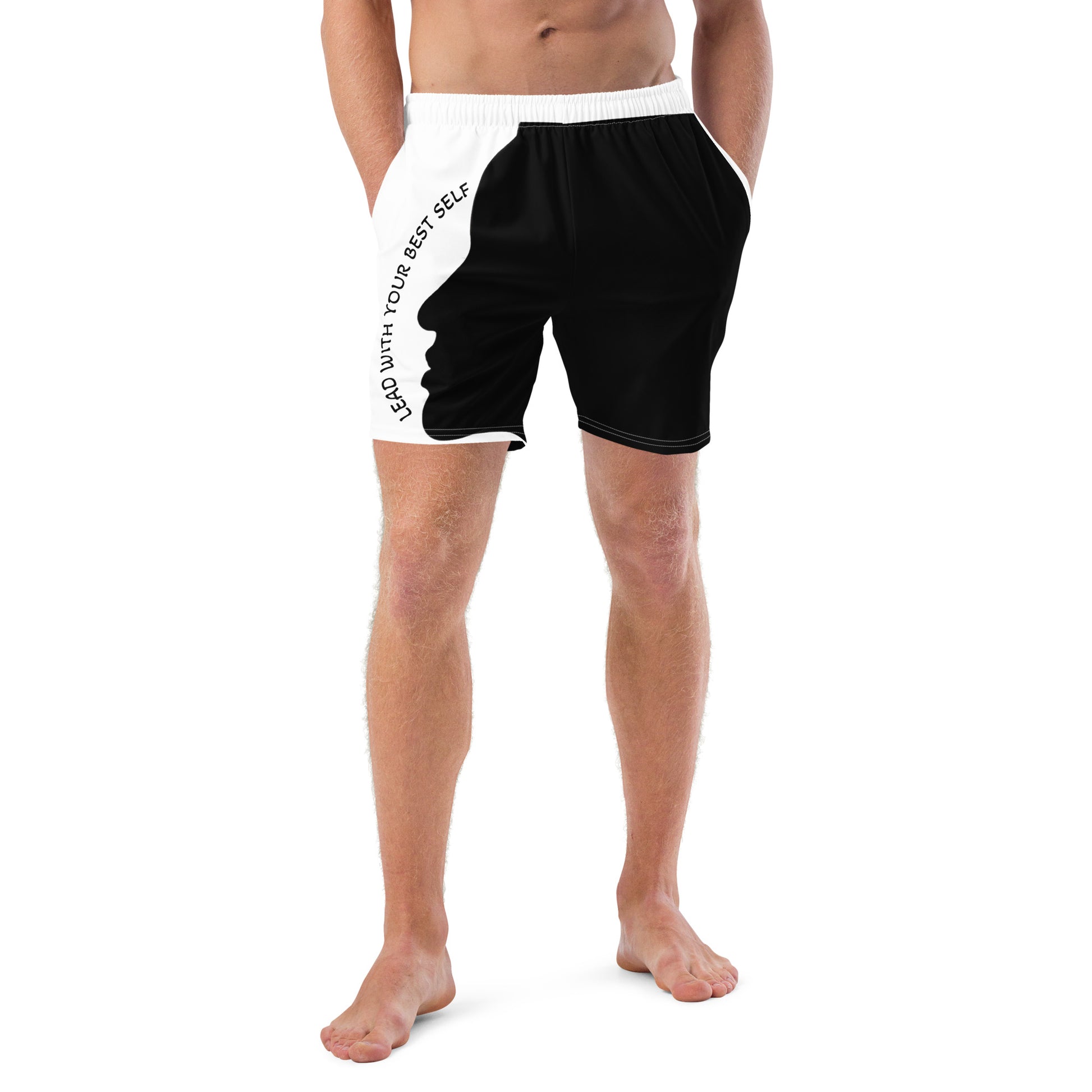 LBS Men's Swim Trunks - Stylish and confident male artist wearing vibrant swim trunks by SpotlYght Seeker
