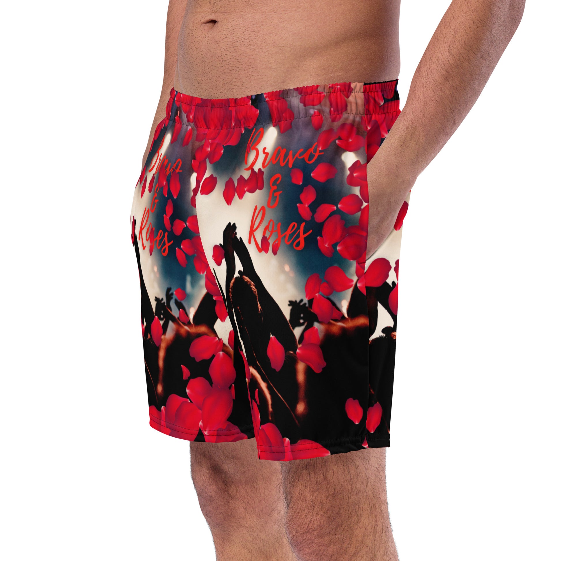 Emote Merch from SpotlYght Seeker - Bravo and Roses dynamic swim trunks for the Male  Artist because artists deserve praise.