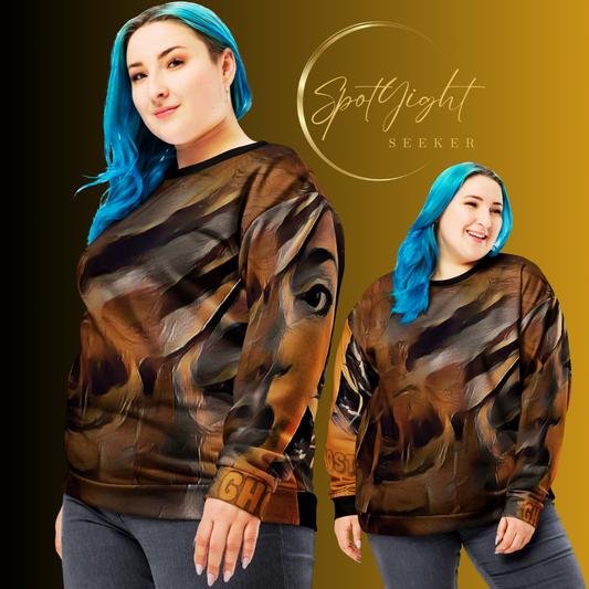 A confident artist wearing the Ghosted Sweatshirt, standing tall and proud. Plus size