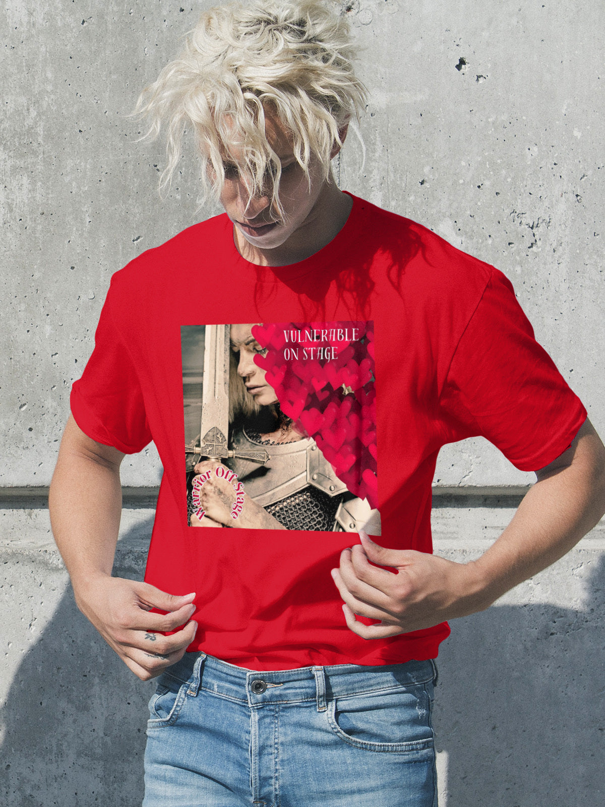 A bold and stylish Unisex Artist Vulnerable Warrior T-Shirt in Classic design, specifically crafted for Female Artists The shirt features empowering graphics, celebrating authenticity on stage and fierce warrior strength off stage. Perfect for making a statement in the world of art and beyond. Red T-Shirt