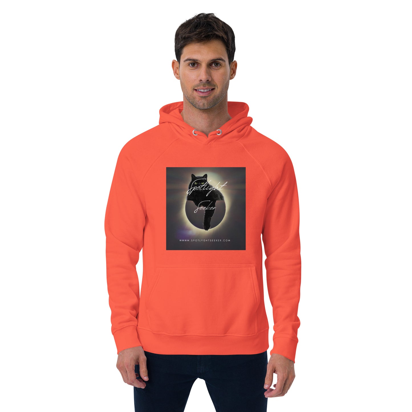 Image of the Cat Call Unisex Fitted Eco Hoodie showcasing the 'Coolio' design. A fashionable hoodie featuring a unique cat-themed illustration, perfect for those who love both cats and art. Crafted from eco-friendly materials.