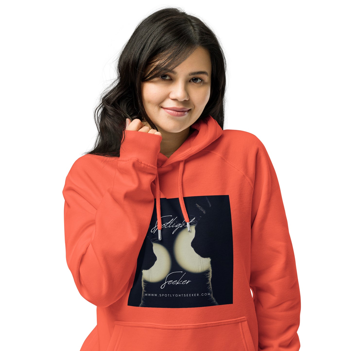 Image of the Cat Call Unisex Fitted Eco Hoodie - 'Dos Gotos Dos Gatos' design, a comfortable and stylish hoodie symbolizing artistic spotlight birthright, featuring an artistic portrayal of two cats. Crafted from eco-friendly materials. 🐱🎨
