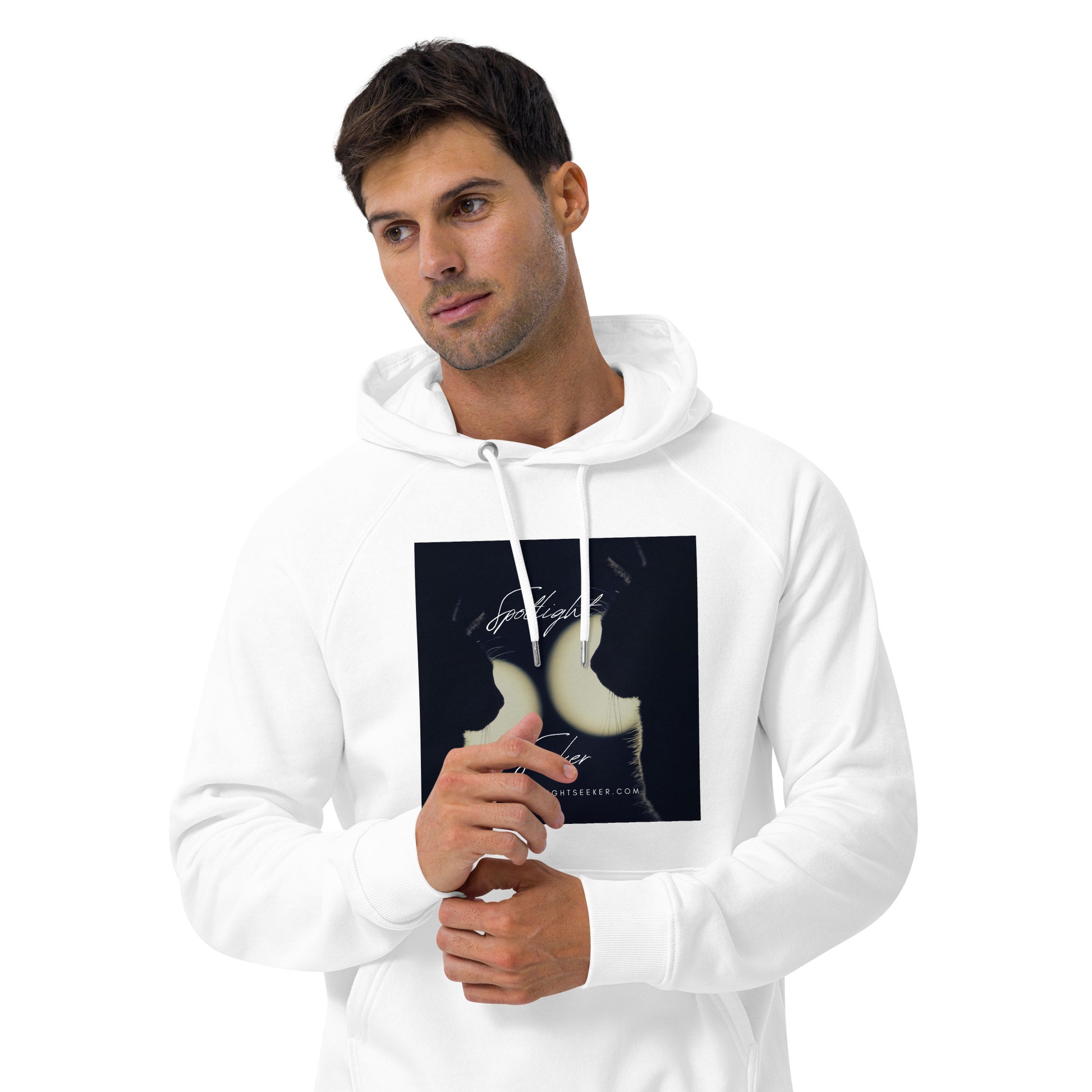 Image of the Cat Call Unisex Fitted Eco Hoodie - 'Dos Gotos Dos Gatos' design, a comfortable and stylish hoodie symbolizing artistic spotlight birthright, featuring an artistic portrayal of two cats. Crafted from eco-friendly materials. 🐱🎨