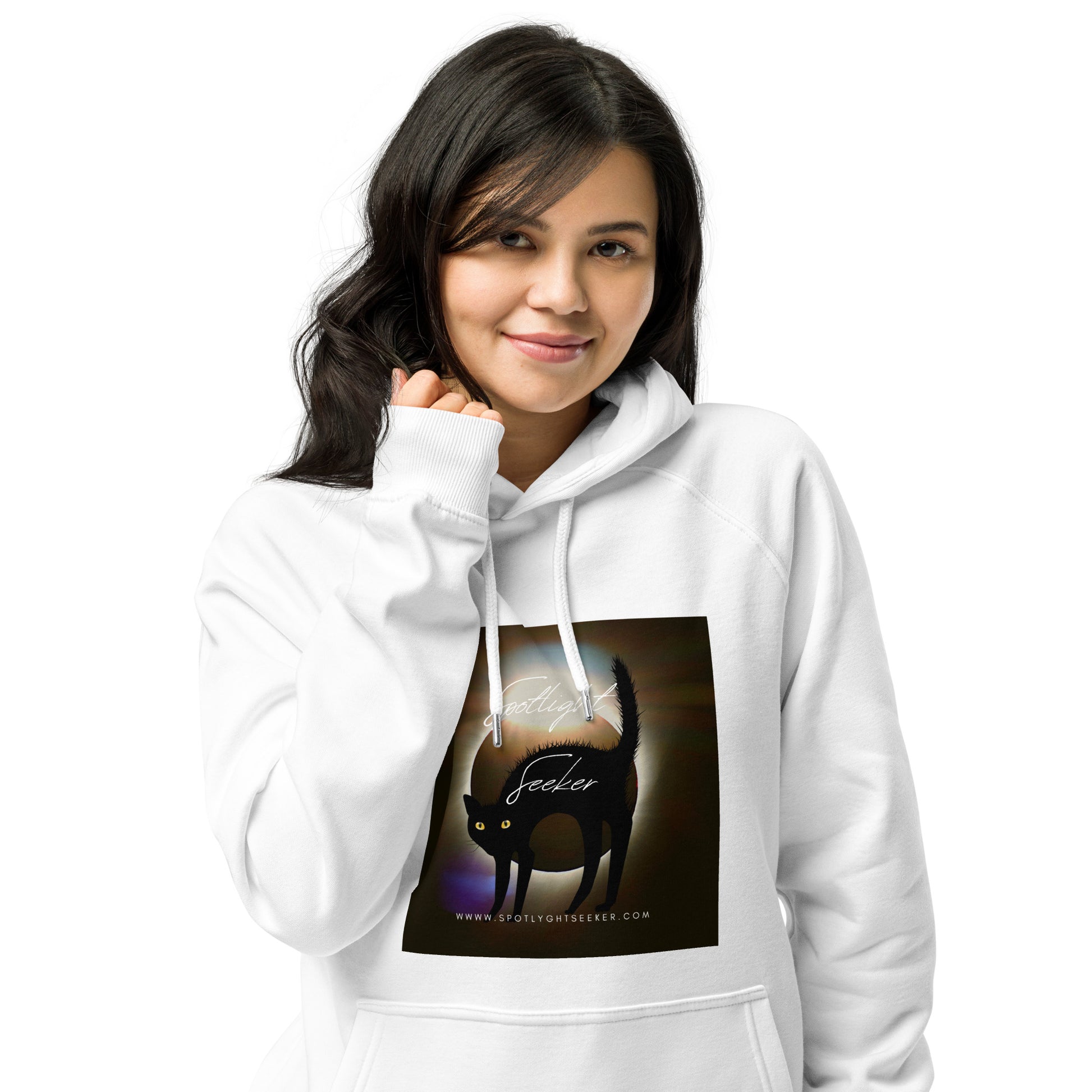 Image of the Cat Call Unisex Fitted Eco Hoodie - 'Woke Kitty' design, a comfortable and stylish hoodie celebrating the connection between artistic awareness and feline charm. Crafted from eco-friendly materials. 🎨😺