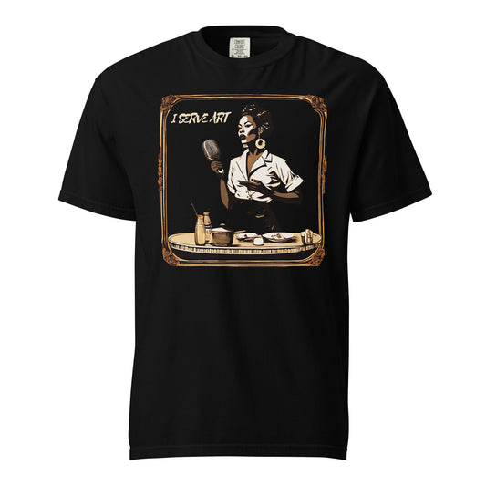 I Serve Art Waitress/Mic Heavyweight Unisex Dark T-Shirt - Gold