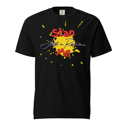 “Stan Me, Artist in Residence” tees featuring paint splatter designs, blending artistic creativity with stan culture. Available in 8 unique styles. Perfect for artists looking to attract fans and gigs.