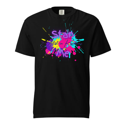 “Stan Me, Artist in Residence” tees featuring paint splatter designs, blending artistic creativity with stan culture. Available in 8 unique styles. Perfect for artists looking to attract fans and gigs. black tee