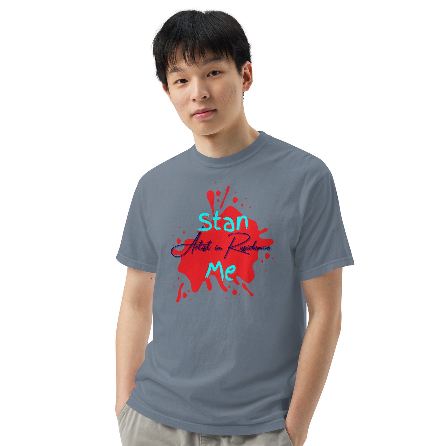 “Stan Me, Artist in Residence” tees featuring paint splatter designs, blending artistic creativity with stan culture. Available in 8 unique styles. Perfect for artists looking to attract fans and gigs. grey tee