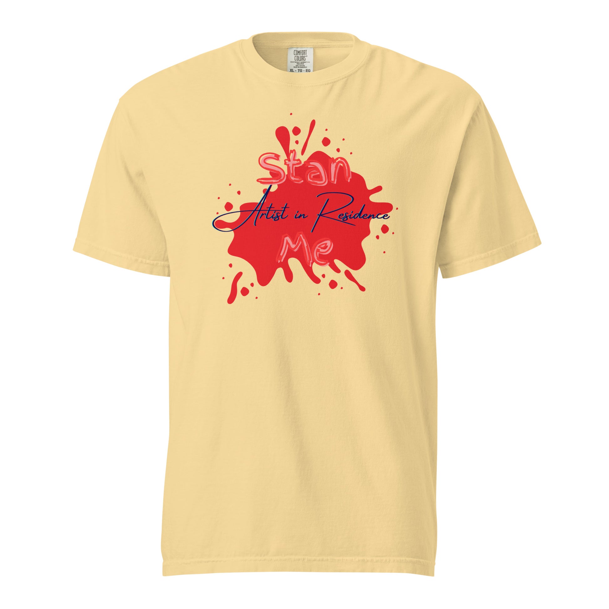 “Stan Me, Artist in Residence” tees featuring paint splatter designs, blending artistic creativity with stan culture. Available in 8 unique styles. Perfect for artists looking to attract fans and gigs. yellow tee