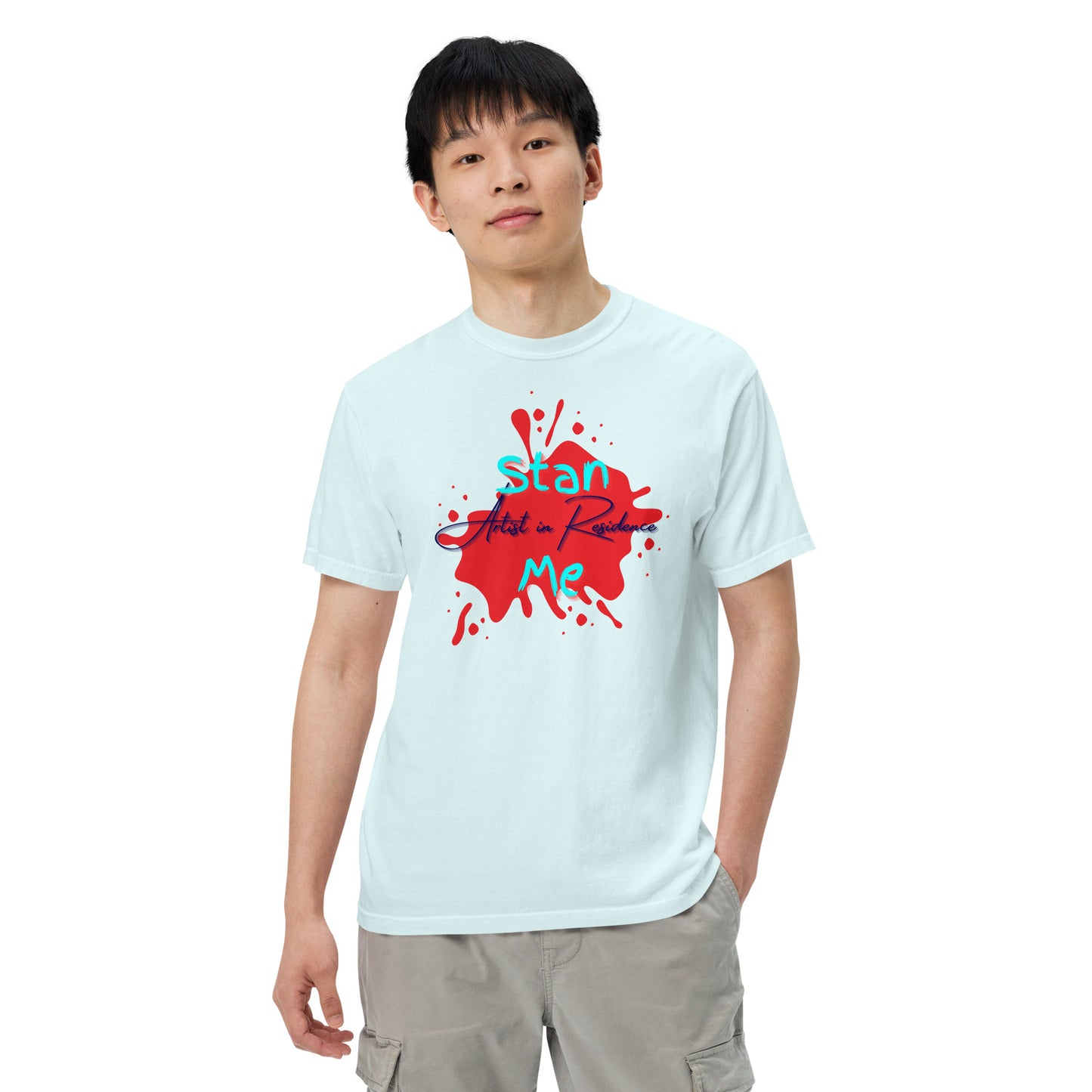 “Stan Me, Artist in Residence” tees featuring paint splatter designs, blending artistic creativity with stan culture. Available in 8 unique styles. Perfect for artists looking to attract fans and gigs. ice blue tee