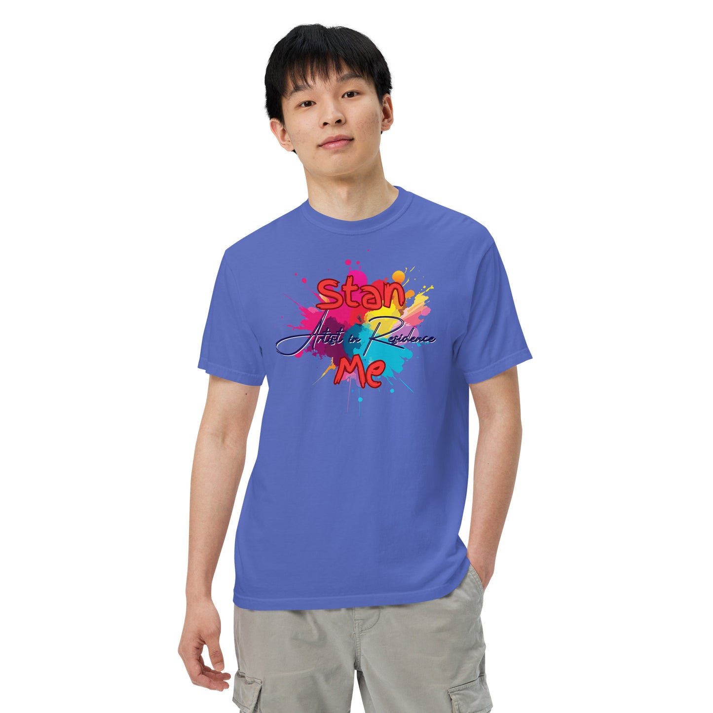 “Stan Me, Artist in Residence” tees featuring paint splatter designs, blending artistic creativity with stan culture. Available in 8 unique styles. Perfect for artists looking to attract fans and gigs. blue purple tee