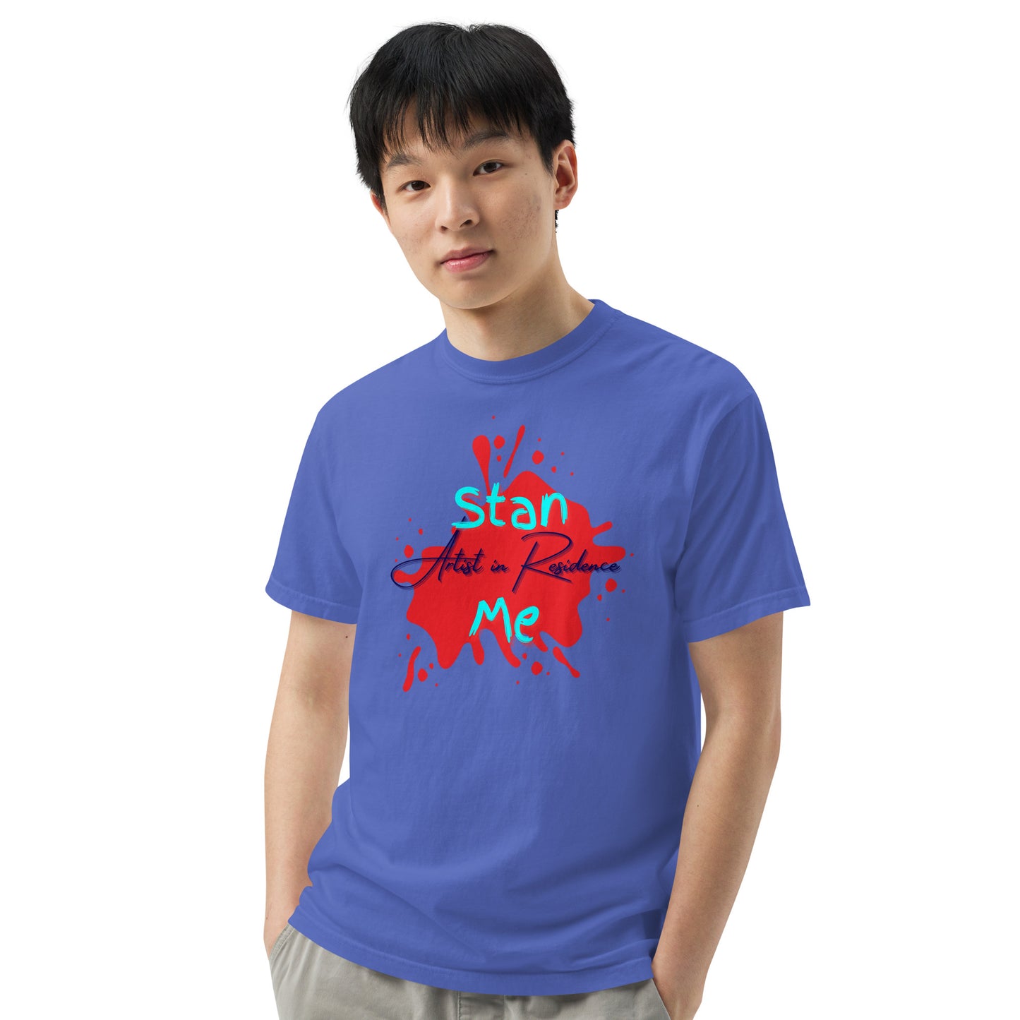 “Stan Me, Artist in Residence” tees featuring paint splatter designs, blending artistic creativity with stan culture. Available in 8 unique styles. Perfect for artists looking to attract fans and gigs. purple blue tee