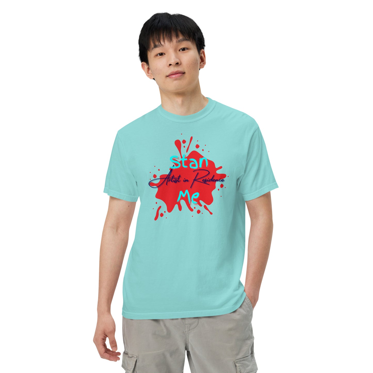 “Stan Me, Artist in Residence” tees featuring paint splatter designs, blending artistic creativity with stan culture. Available in 8 unique styles. Perfect for artists looking to attract fans and gigs. turquoise tee