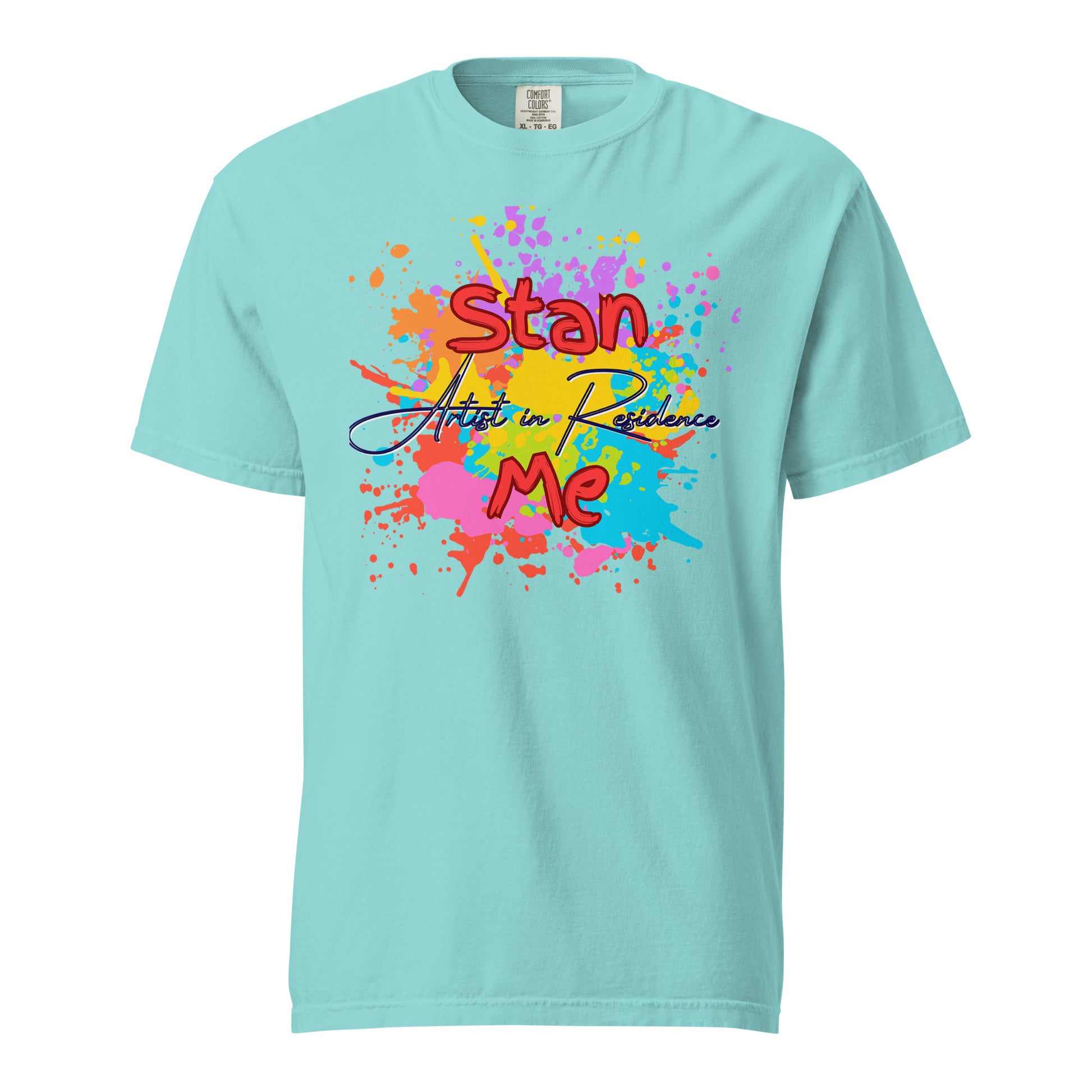 “Stan Me, Artist in Residence” tees featuring paint splatter designs, blending artistic creativity with stan culture. Available in 8 unique styles. Perfect for artists looking to attract fans and gigs.