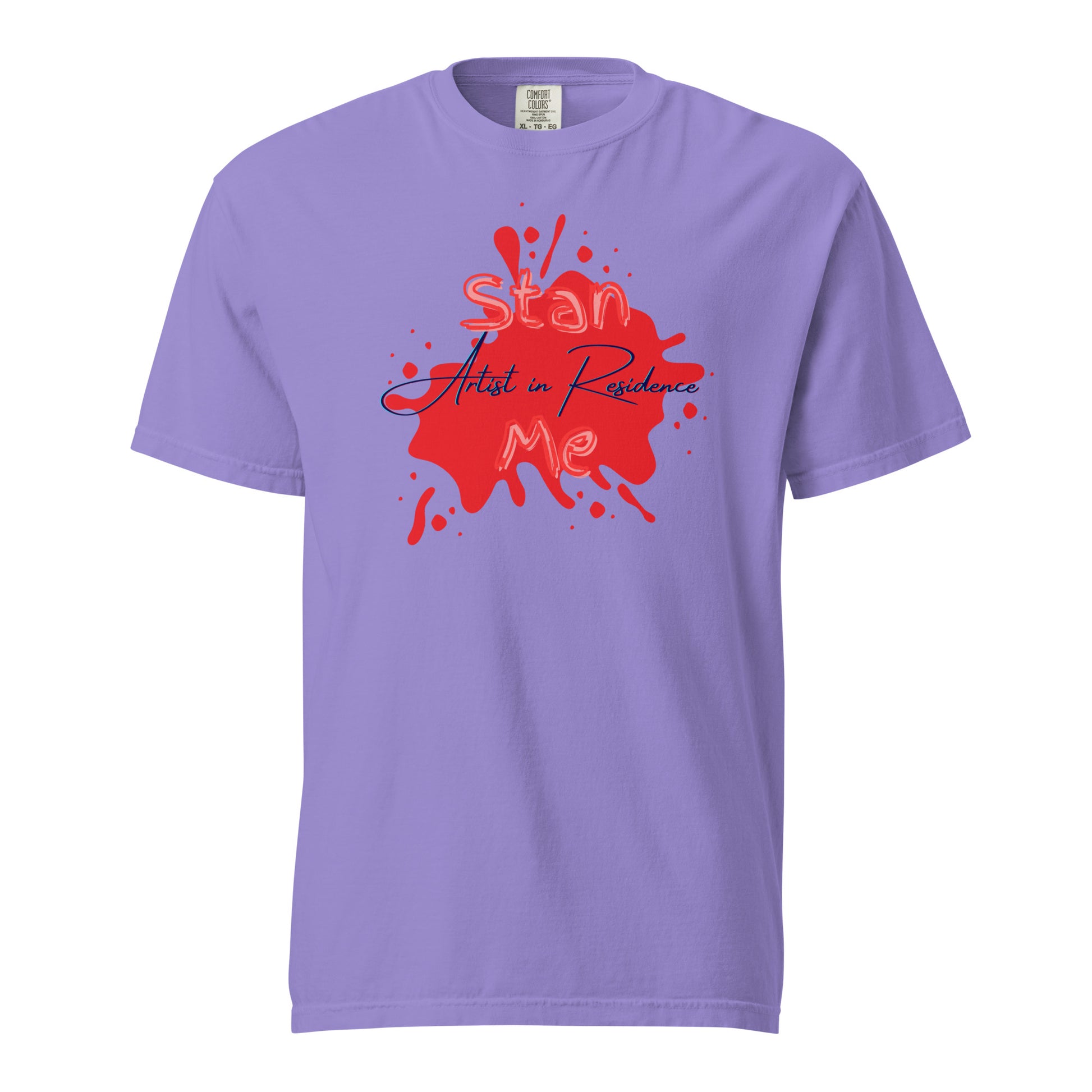 “Stan Me, Artist in Residence” tees featuring paint splatter designs, blending artistic creativity with stan culture. Available in 8 unique styles. Perfect for artists looking to attract fans and gigs. purple
