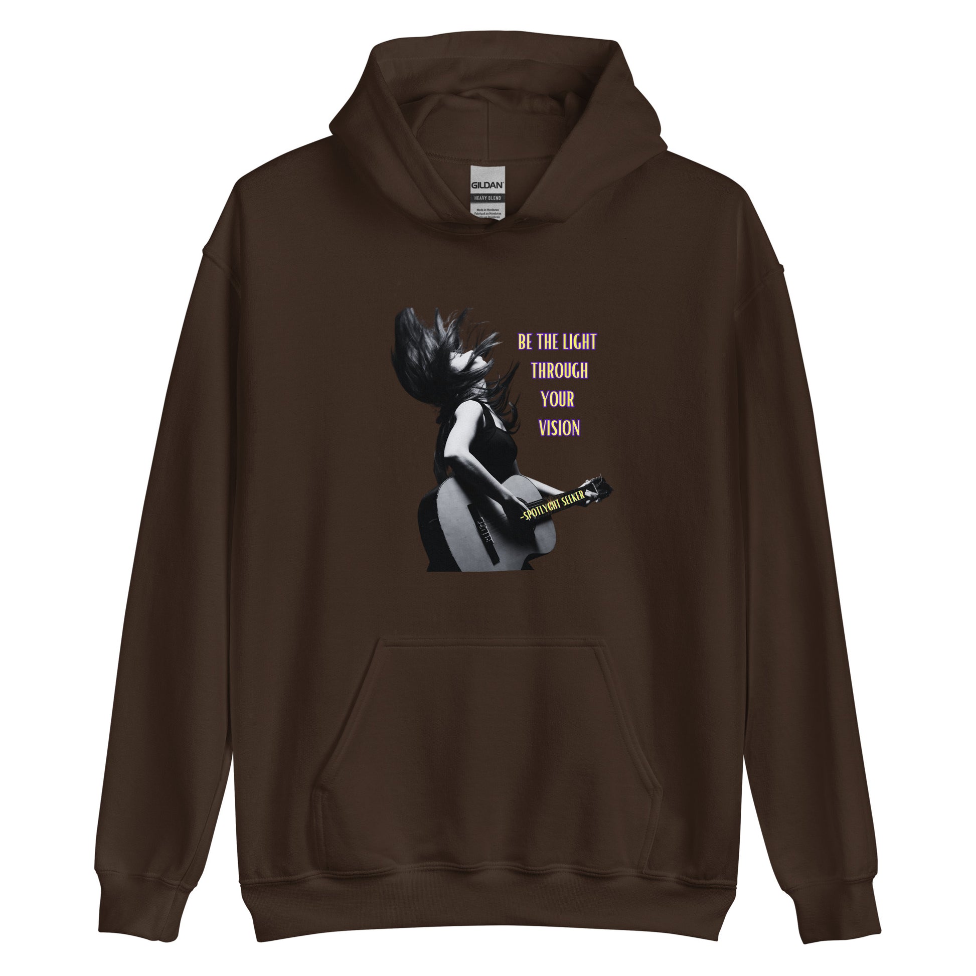 A stylish black and white Heavyweight Be the Light Unisex Hoodie displayed against a backdrop of creativity. The bold graphics symbolize authenticity, inviting artists to embrace their vision and be the light for their audience. - Chocolate Color