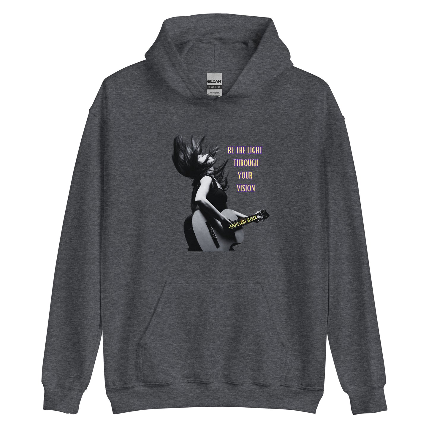 A stylish black and white Heavyweight Be the Light Unisex Hoodie displayed against a backdrop of creativity. The bold graphics symbolize authenticity, inviting artists to embrace their vision and be the light for their audience. - Grey Color