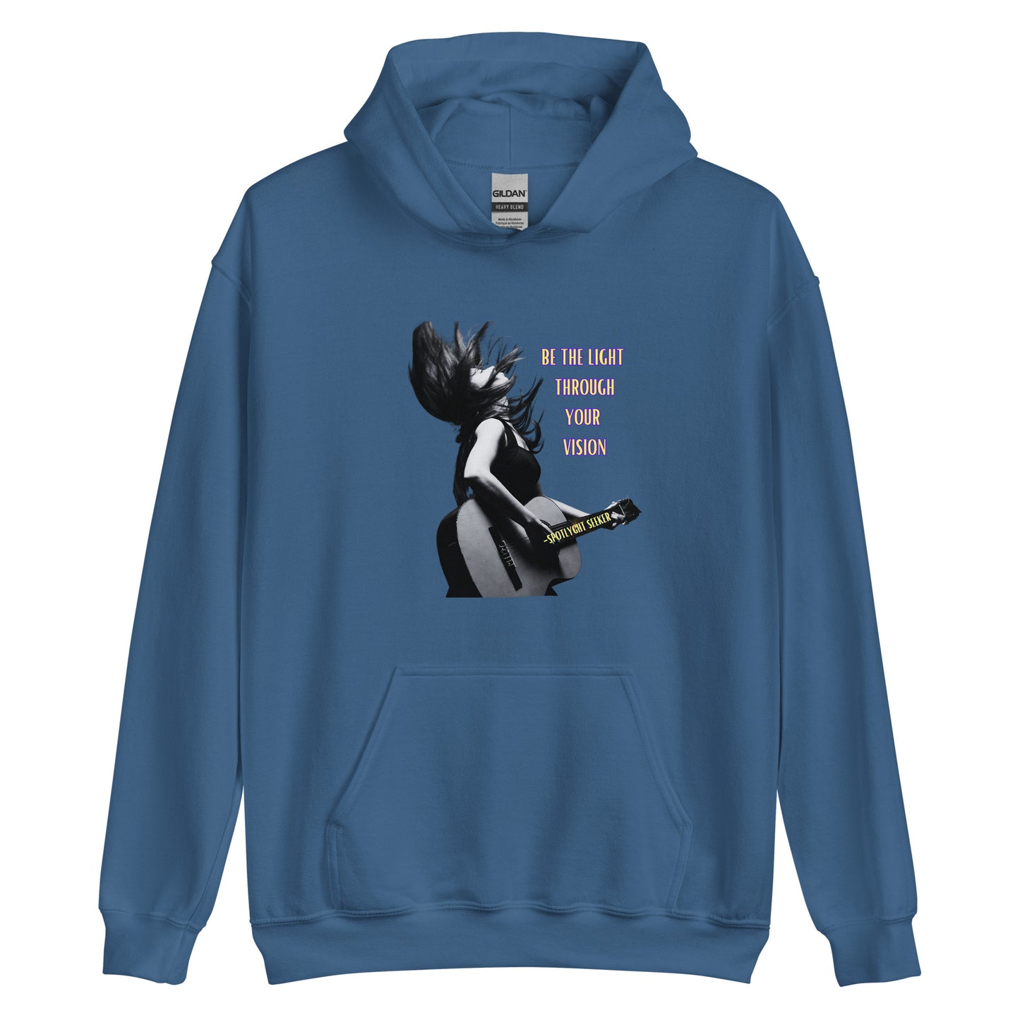 A stylish black and white Heavyweight Be the Light Unisex Hoodie displayed against a backdrop of creativity. The bold graphics symbolize authenticity, inviting artists to embrace their vision and be the light for their audience. Blue