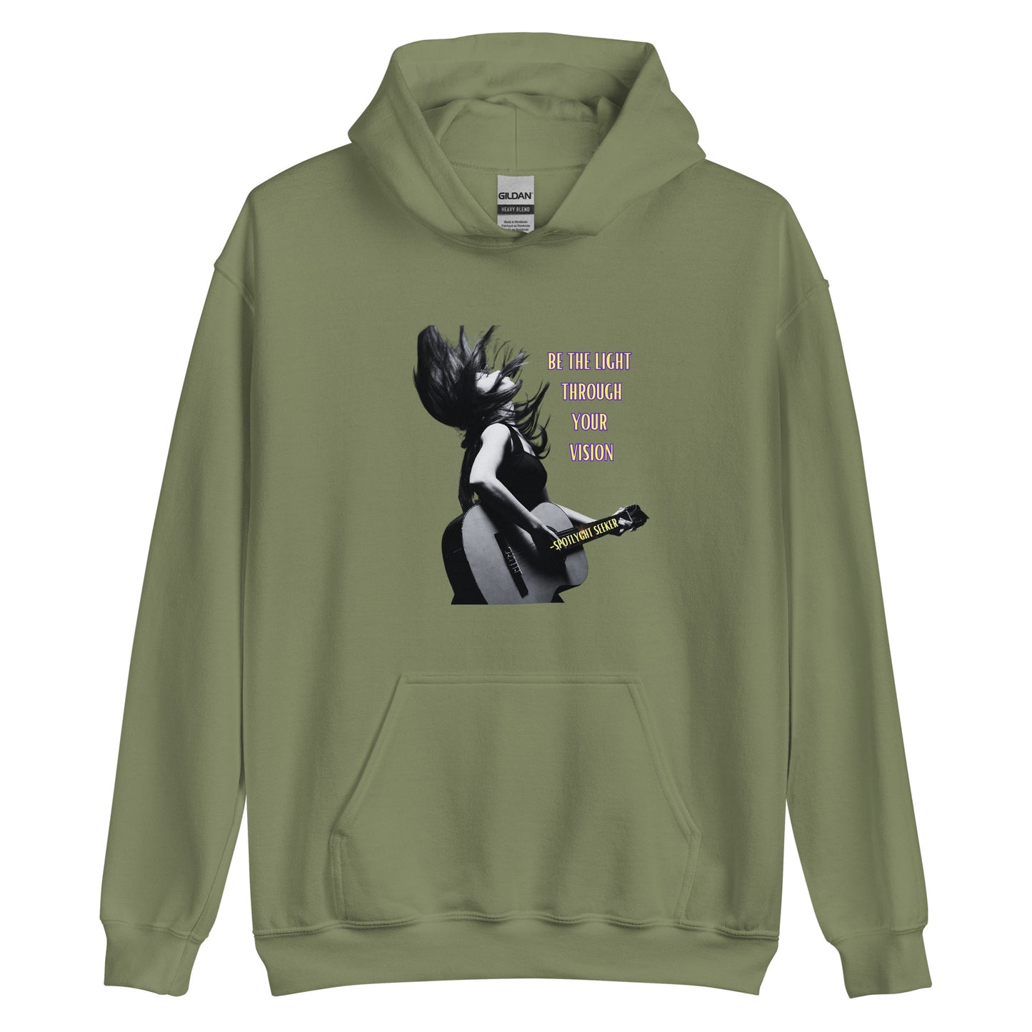 A stylish black and white Heavyweight Be the Light Unisex Hoodie displayed against a backdrop of creativity. The bold graphics symbolize authenticity, inviting artists to embrace their vision and be the light for their audience.