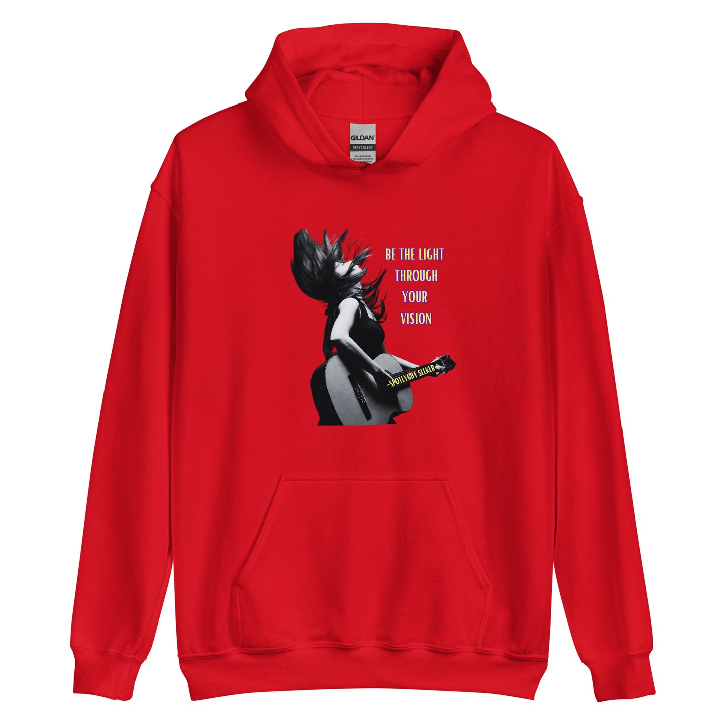 A stylish black and white Heavyweight Be the Light Unisex Hoodie displayed against a backdrop of creativity. The bold graphics symbolize authenticity, inviting artists to embrace their vision and be the light for their audience. - Red Color