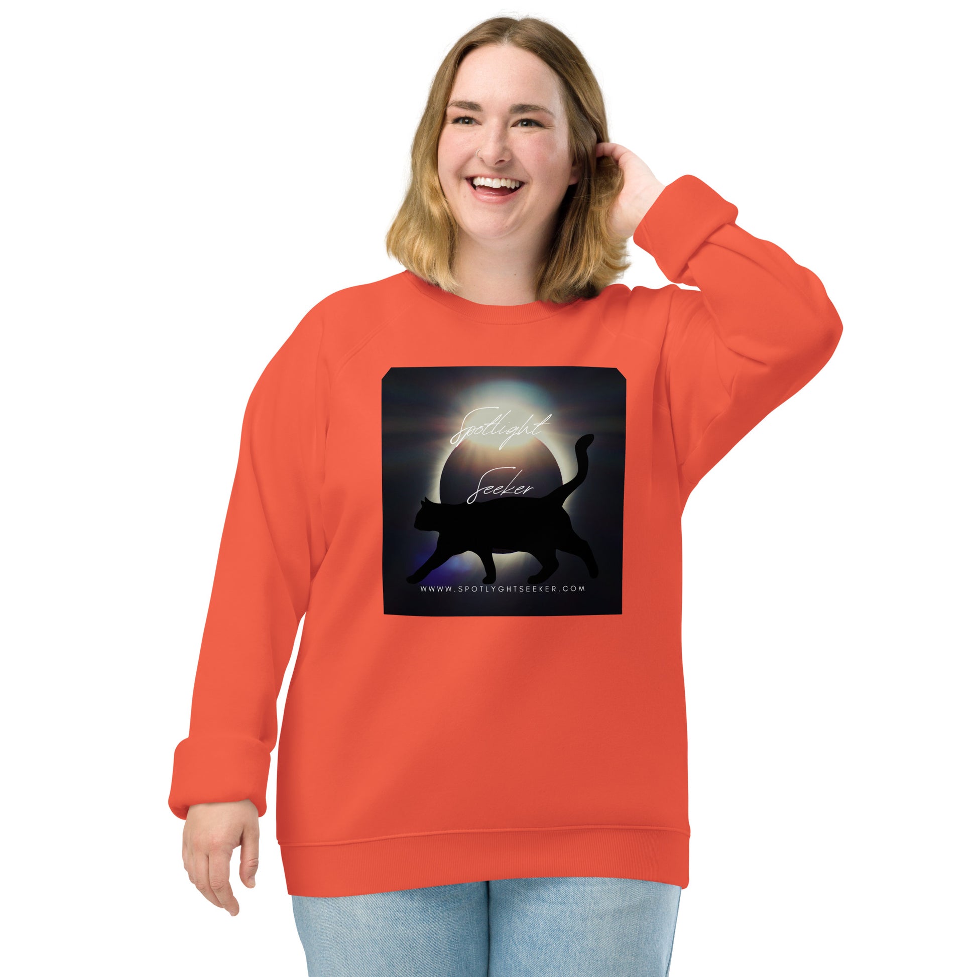 Image of the Cat Call Unisex Fitted Eco Sweatshirt - 'Strut' design, a comfortable and stylish sweatshirt capturing the essence of confident artists claiming their spotlight. Crafted from eco-friendly materials. 🎨💃 Plus Size Artist