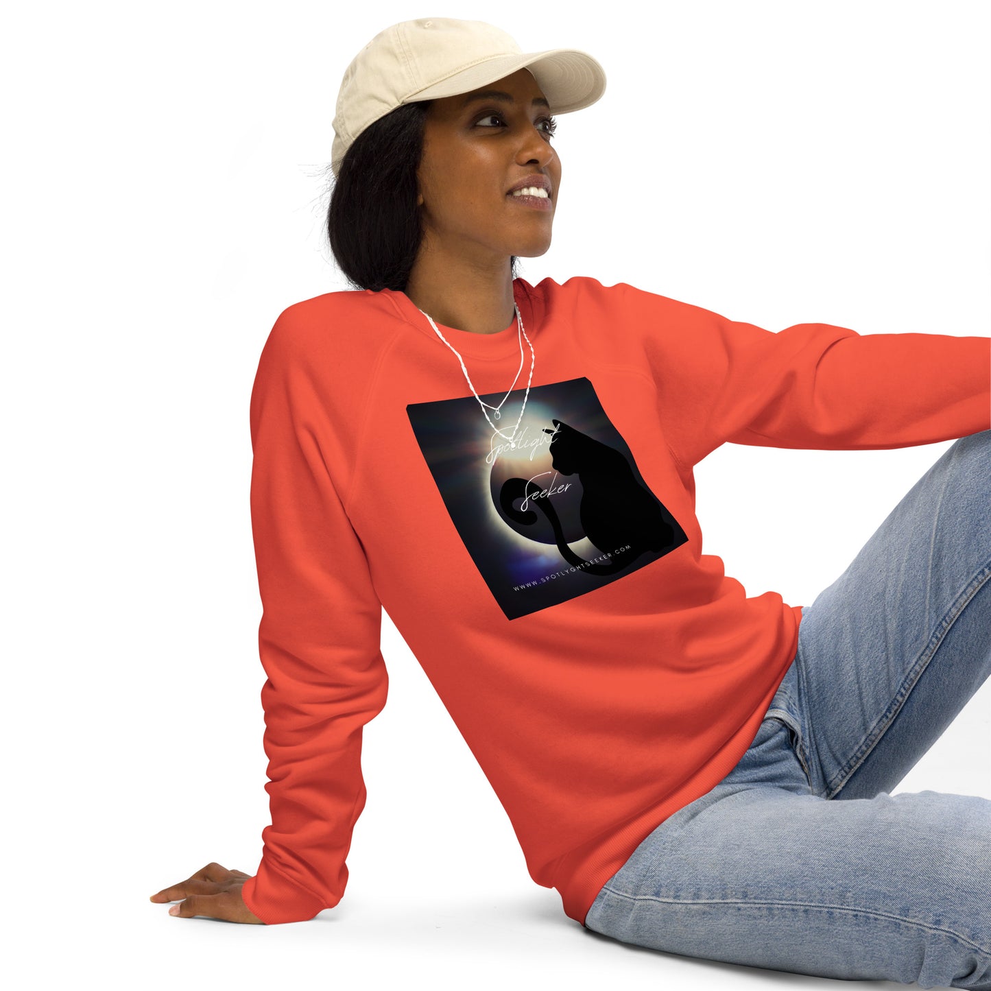 Image of the Cat Call Unisex Fitted Eco Sweatshirt - 'Cat's Tale' design, a comfortable and stylish sweatshirt embodying the theme of artists claiming their spotlight birthright with a play on words connecting to their unique creative story. Crafted from eco-friendly materials. 🎨🌟