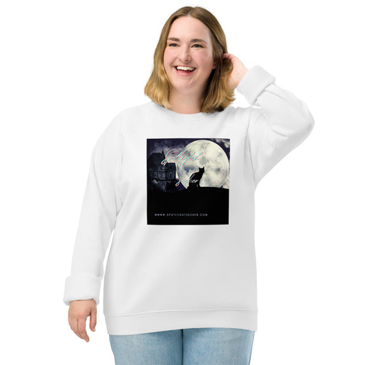 Image of the Cat Call Unisex Fitted Eco Sweatshirt - 'Cat Moon' design, a sleek and cozy sweatshirt symbolizing artists' claim to the spotlight, featuring a captivating cat and moon motif. Crafted from eco-friendly materials. 🎨🌙 Plus size