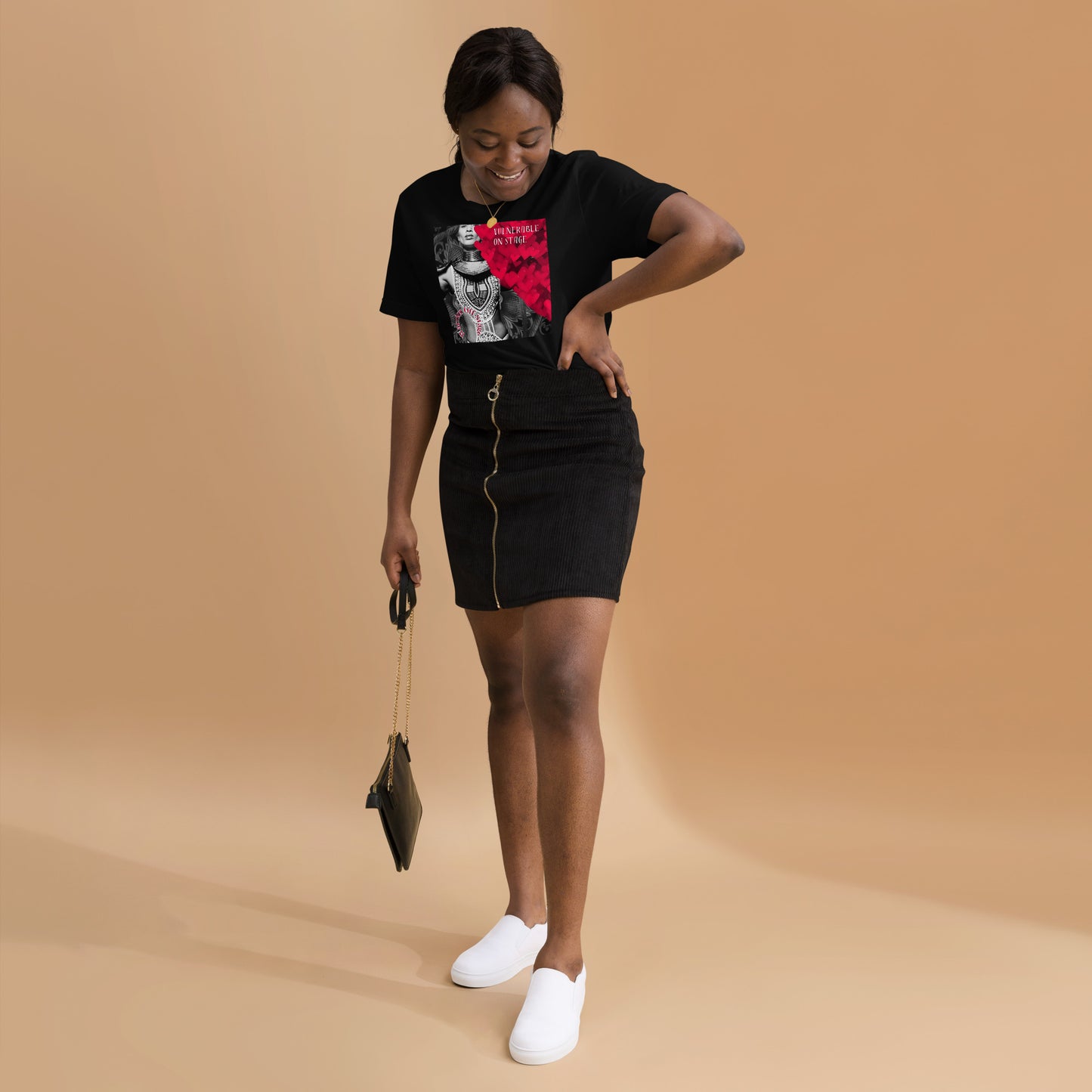 A bold and stylish Unisex Artist Vulnerable Warrior T-Shirt in Classic design, specifically crafted for Black Female Artists (BFA). The shirt features empowering graphics, celebrating authenticity on stage and fierce warrior strength off stage. Perfect for making a statement in the world of art and beyond.