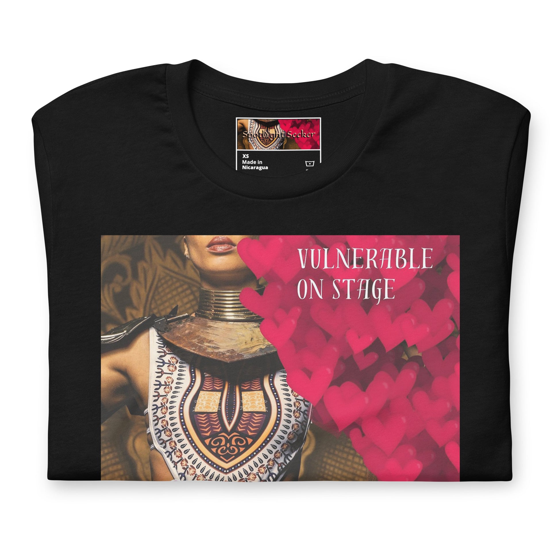 A bold and stylish Unisex Artist Vulnerable Warrior T-Shirt in Fresco design, specifically crafted for Black Female Artists (BFA). The shirt features empowering graphics, celebrating authenticity on stage and fierce warrior strength off stage. Perfect for making a statement in the world of art and beyond.