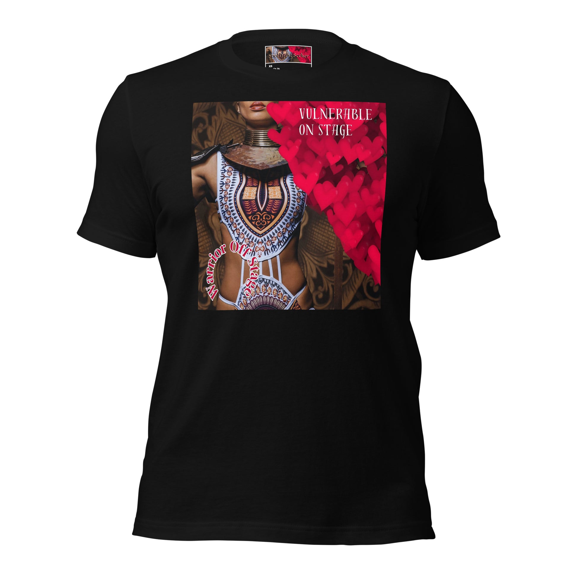 A bold and stylish Unisex Artist Vulnerable Warrior T-Shirt in Fresco design, specifically crafted for Black Female Artists (BFA). The shirt features empowering graphics, celebrating authenticity on stage and fierce warrior strength off stage. Perfect for making a statement in the world of art and beyond.