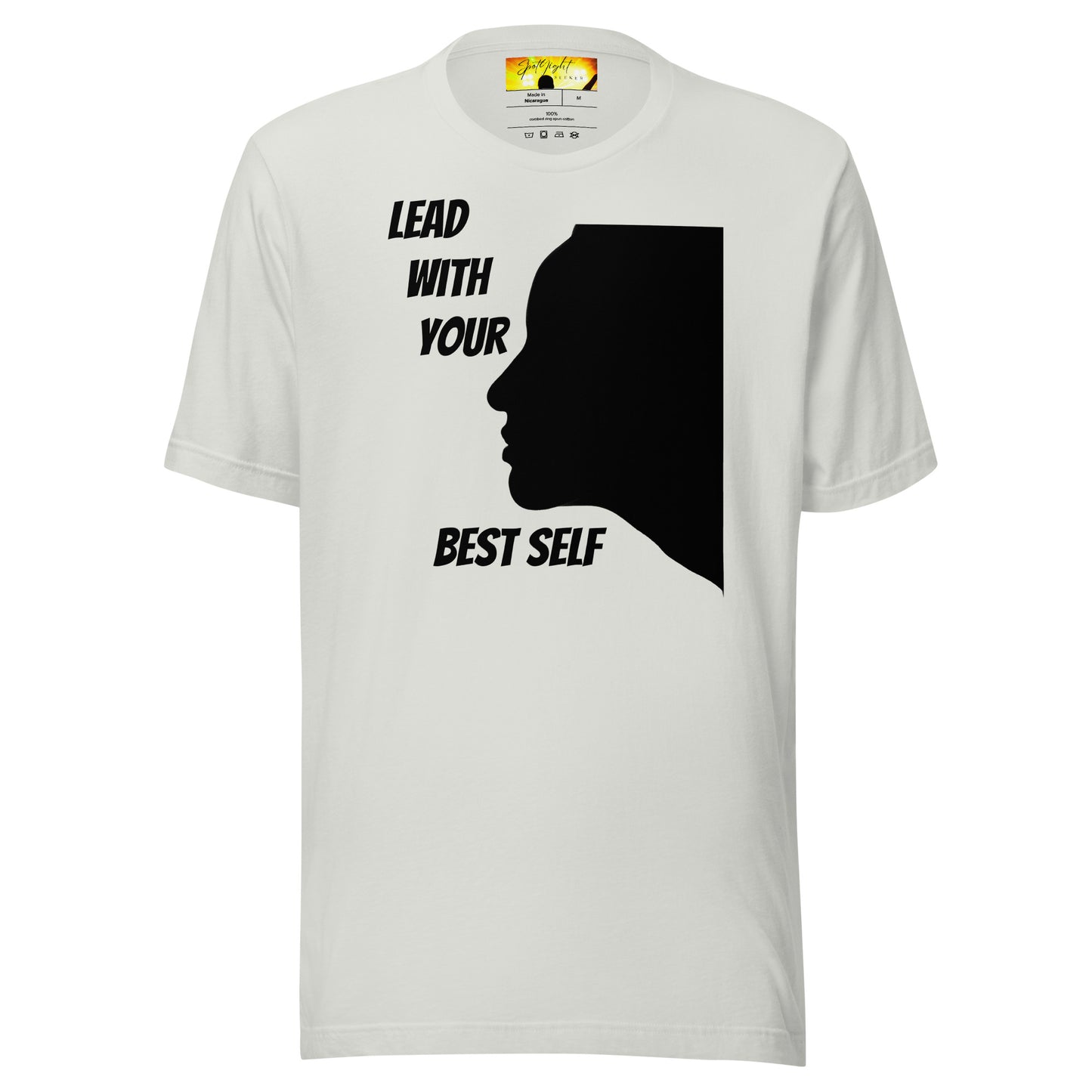 Close-up of an LBS T-Shirt with the inspiring message: ‘Lead with your Best Self,’ designed for creative perseverance. silver