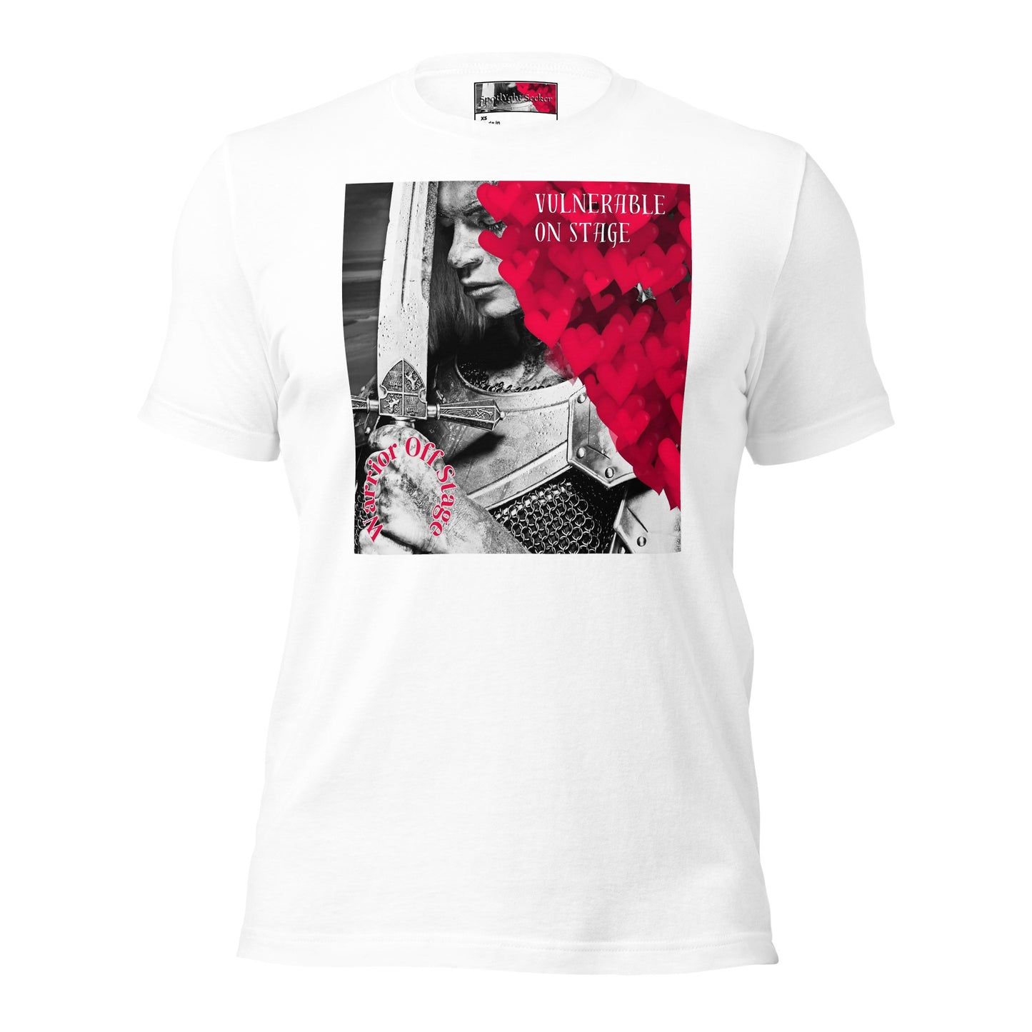 A bold and stylish Unisex Artist Vulnerable Warrior T-Shirt in Classic design, specifically crafted for Female Artists The shirt features empowering graphics, celebrating authenticity on stage and fierce warrior strength off stage. Perfect for making a statement in the world of art and beyond. White Tee.