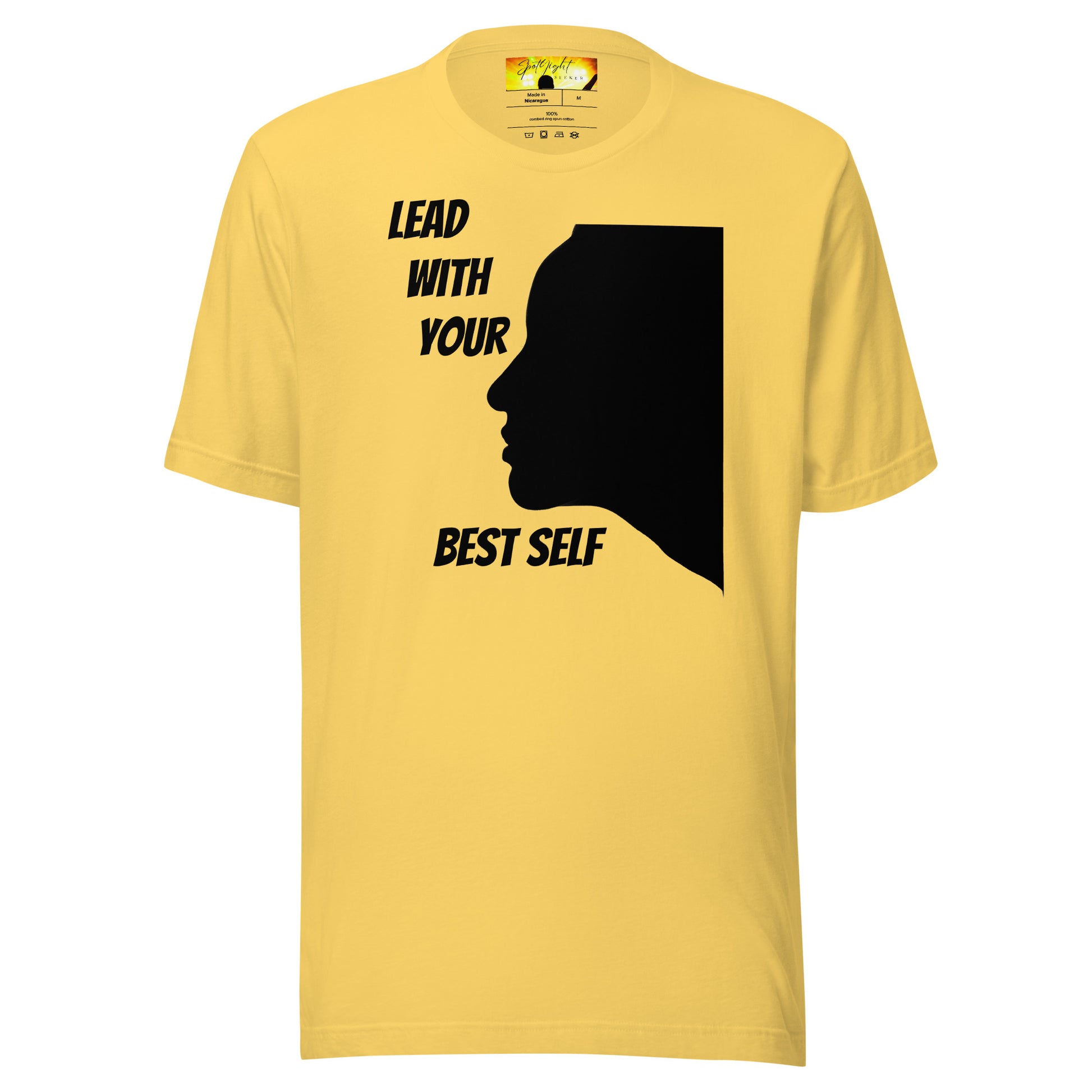 Close-up of an LBS T-Shirt in a vibrant color, featuring the inspiring message: ‘Lead with your Best Self,’ available in multiple colors to match your mood and creative energy. yellow